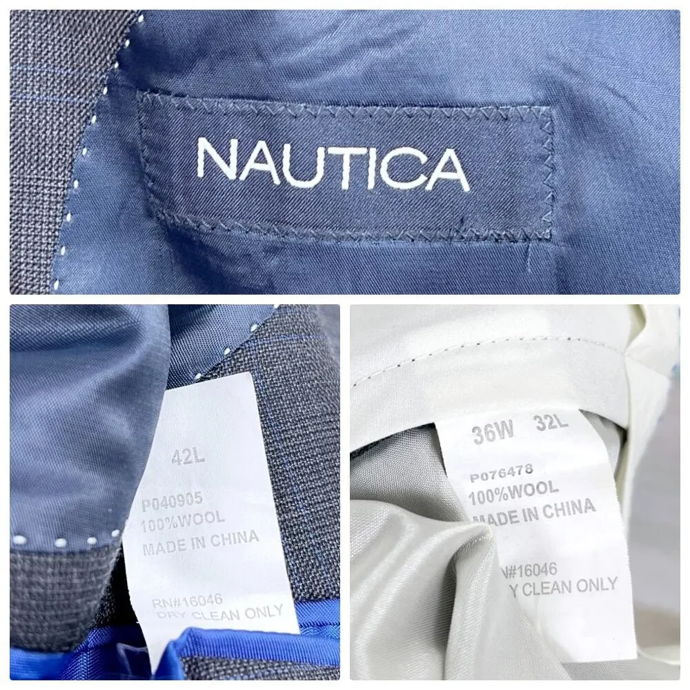 Nautica Wool Windowpane Suit Gray Two Button Mens 42L Jacket 36W Pleated Pants